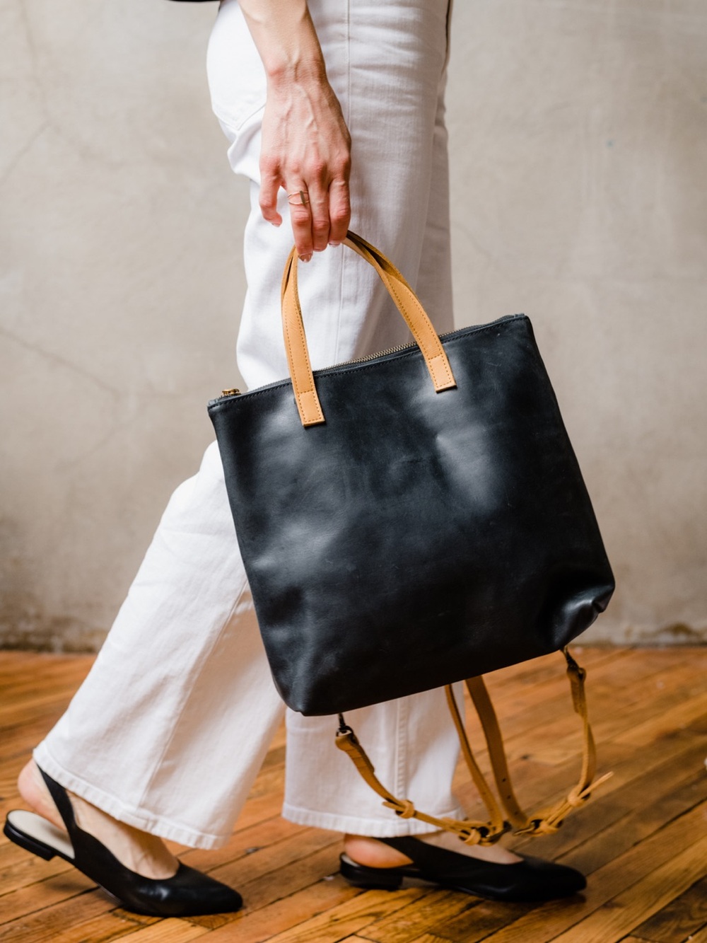 Able Black Leather Backpack with Tan Yellow Accents